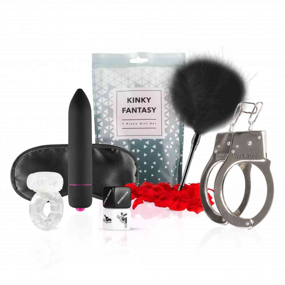 Set mit schwarzem Vibrator, Augenmaske, Handfesseln, Federboa, Ring und Geschenkbeutel mit Aufschrift "Kinky Fantasy".