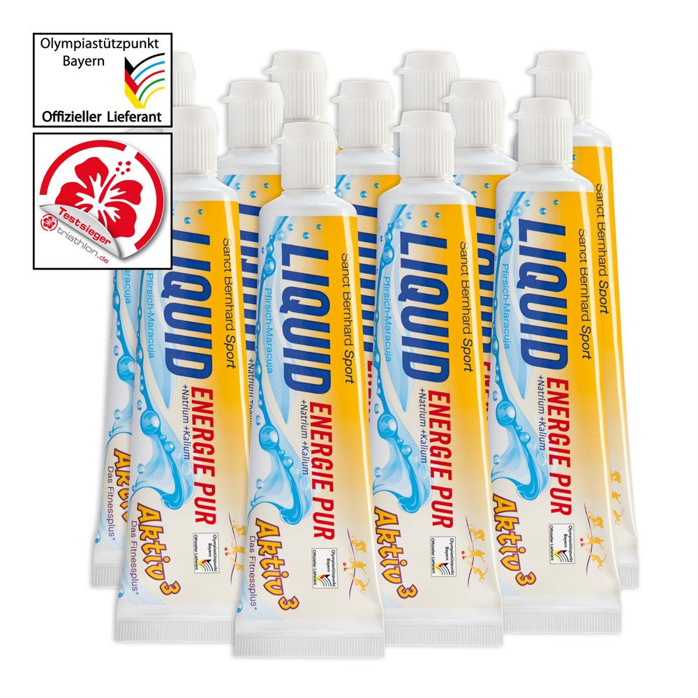Mehrere Tuben Sport LIQUID-Energie-Pur. Gelbe Verpackung mit blauer Schrift. Logo und Qualitätssiegel.