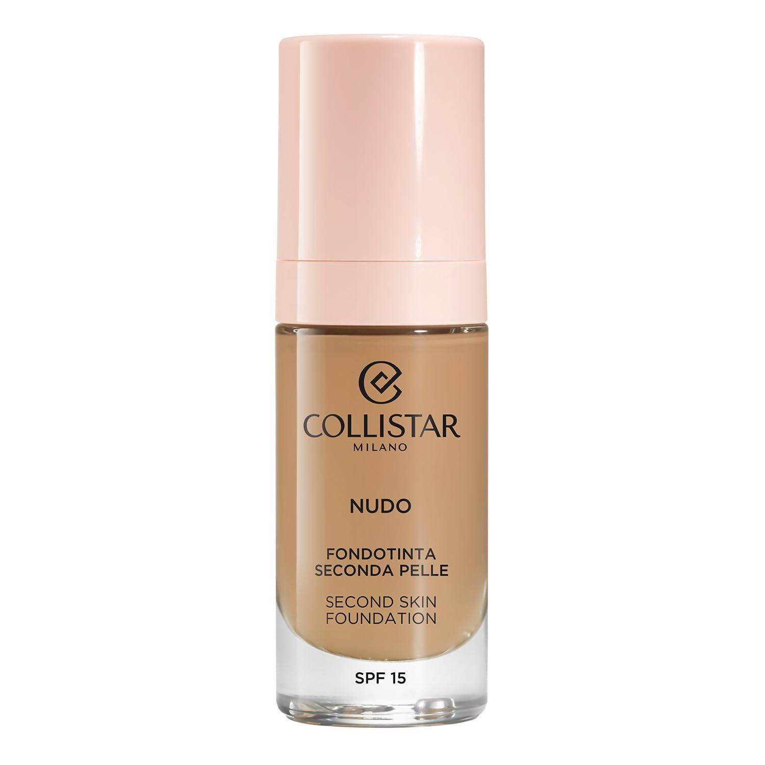 Flakon Collistar Nudo Seconda Pelle Foundation. Beige-farbener Inhalt, rosa Pumpkopf. Text: Nudo, Second Skin Foundation, SPF 15.
