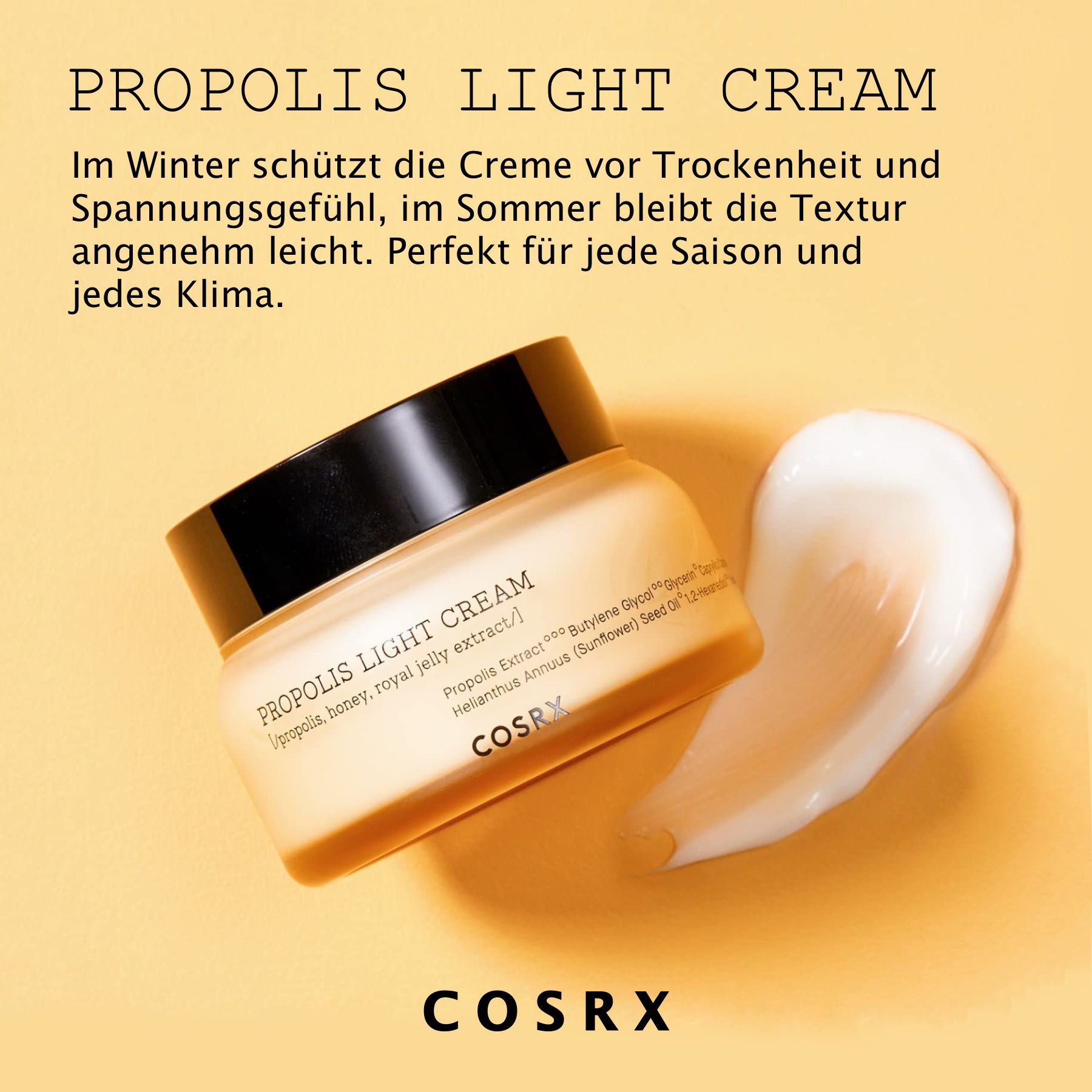 Cremetiegel mit Creme. Aufschrift: Propolis Light Cream. Klecks Creme daneben. Gelber Hintergrund.