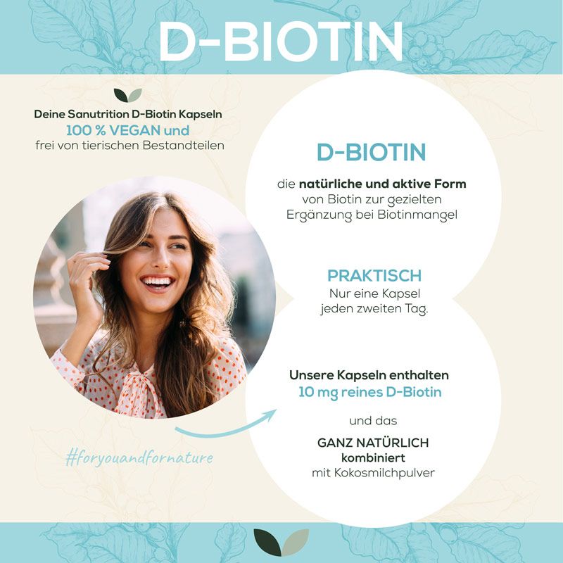 Werbebild mit Frau und Sanutrition D-Biotin. Text: 100% vegan, D-Biotin, Kokosmilch, 10 mg. Praktisch: Nur eine Kapsel jeden zweiten Tag.