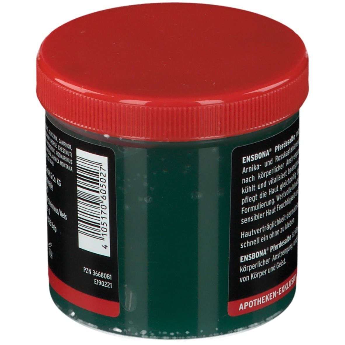 Dose Ensbona Pferdesalbe, roter Deckel, grüne Dose. Rückseite mit Produktinformationen und Text: Apotheken-Exklusiv.