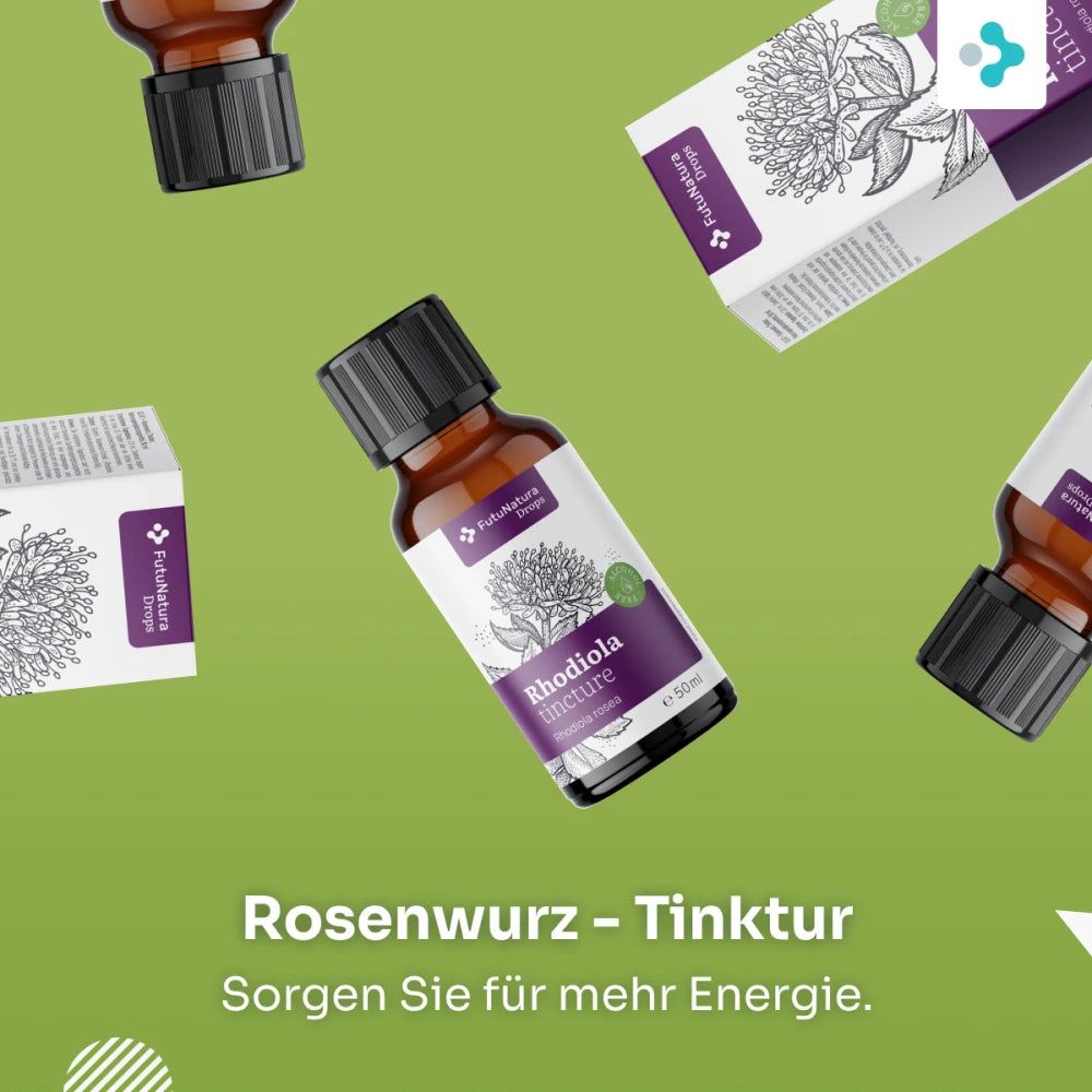 Mehrere Flaschen und Kartons mit Rhodiola Rosea Tinktur auf grünem Hintergrund.