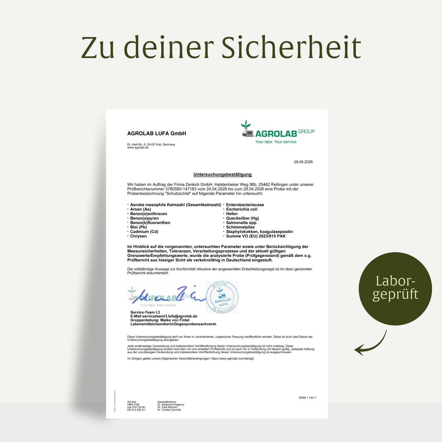 Laborbericht für Schutzschild Immun-Komplex, bestätigt von Agrolab.