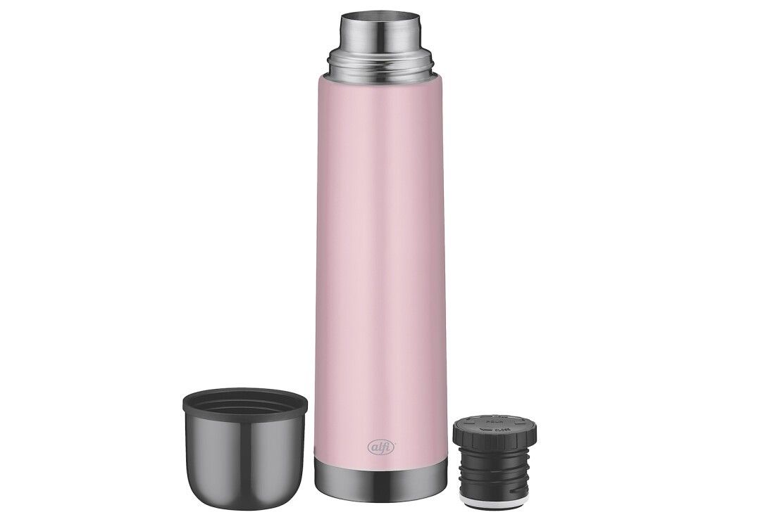 Isolierflasche, rosa, mit Deckel und Trinkbecher. Edelstahl, zylindrisch. Deckel und Becher sind abgenommen.