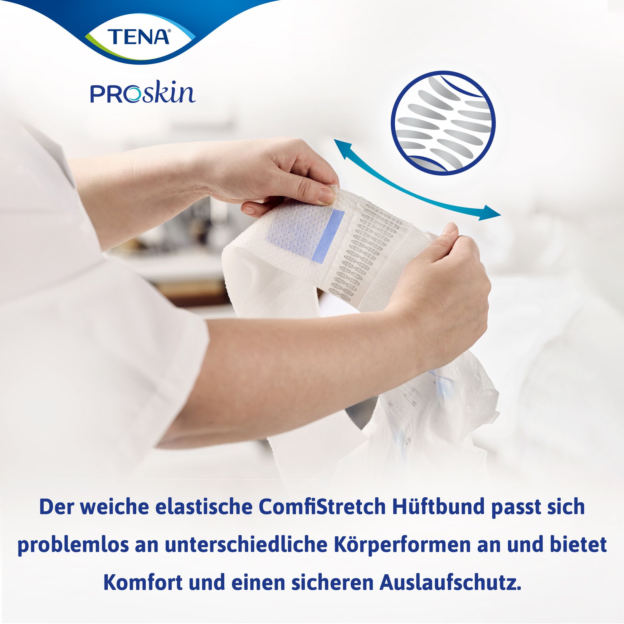 Hände dehnen den ComfiStretch Hüftbund eines TENA Flex Plus.