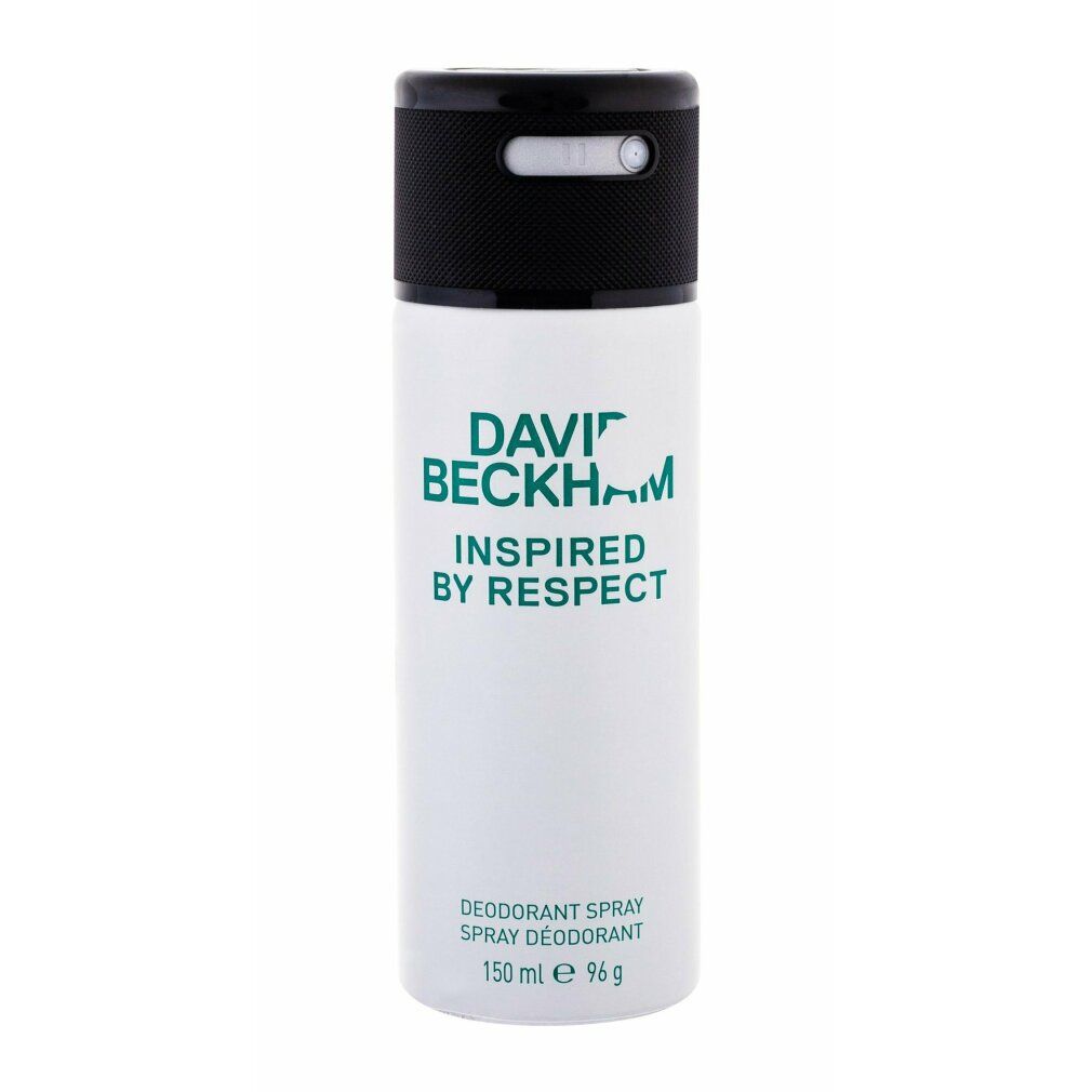 Deodorant-Spray. Weißer Behälter, schwarzer Deckel. Aufschrift: DAVID BECKHAM INSPIRED BY RESPECT. 150 ml.