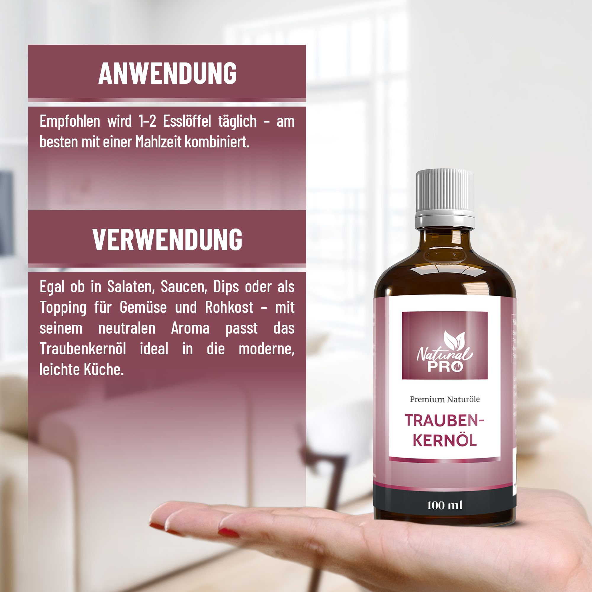 Hand hält braune Glasflasche mit weißem Deckel. Etikett mit Logo und Schriftzug Traubenkernöl. Text: Anwendung und Verwendung in der Küche.