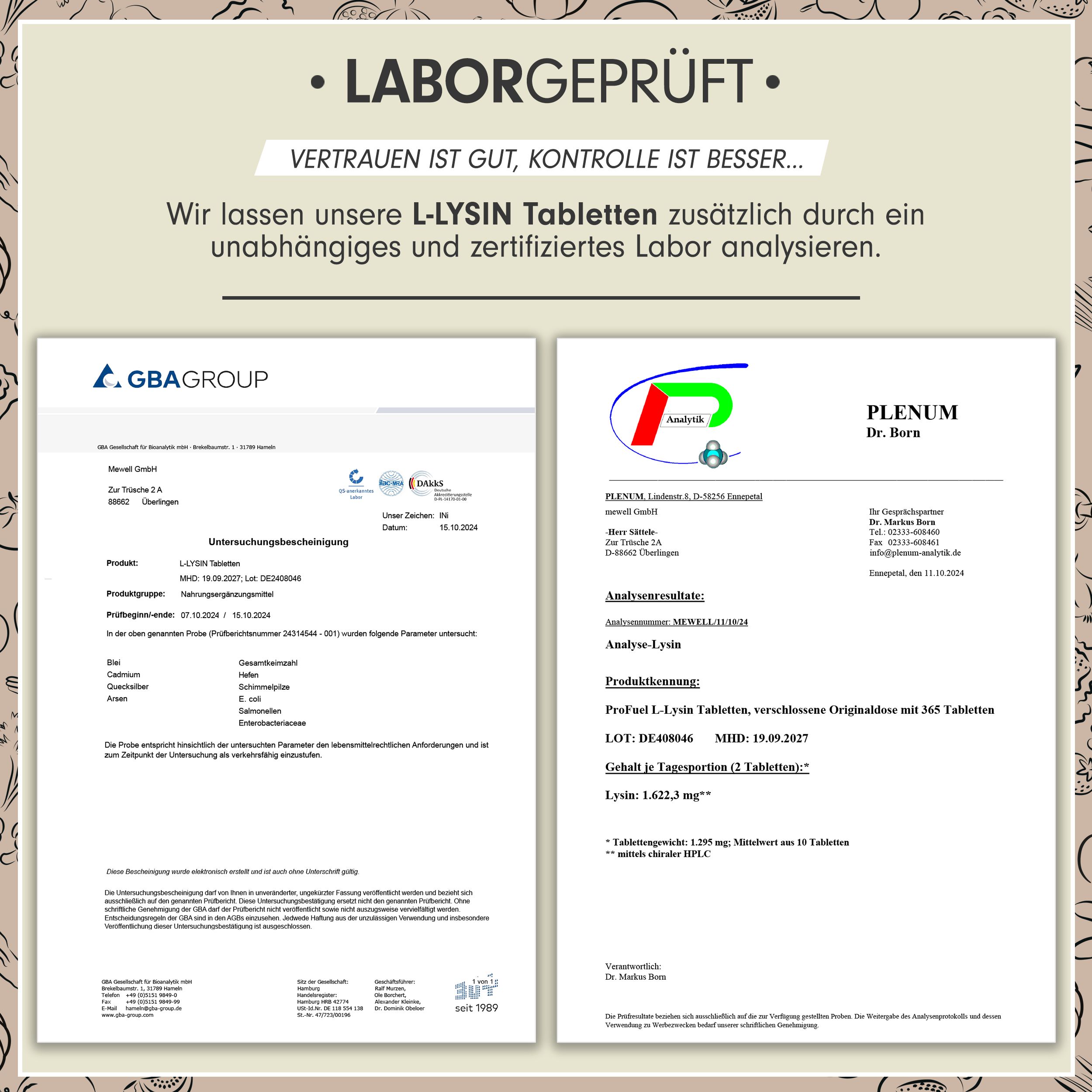 Zwei Laborzertifikate. Text: L-Lysin Tabletten, Analyseergebnisse, GBA Group, Plenum Dr. Born.