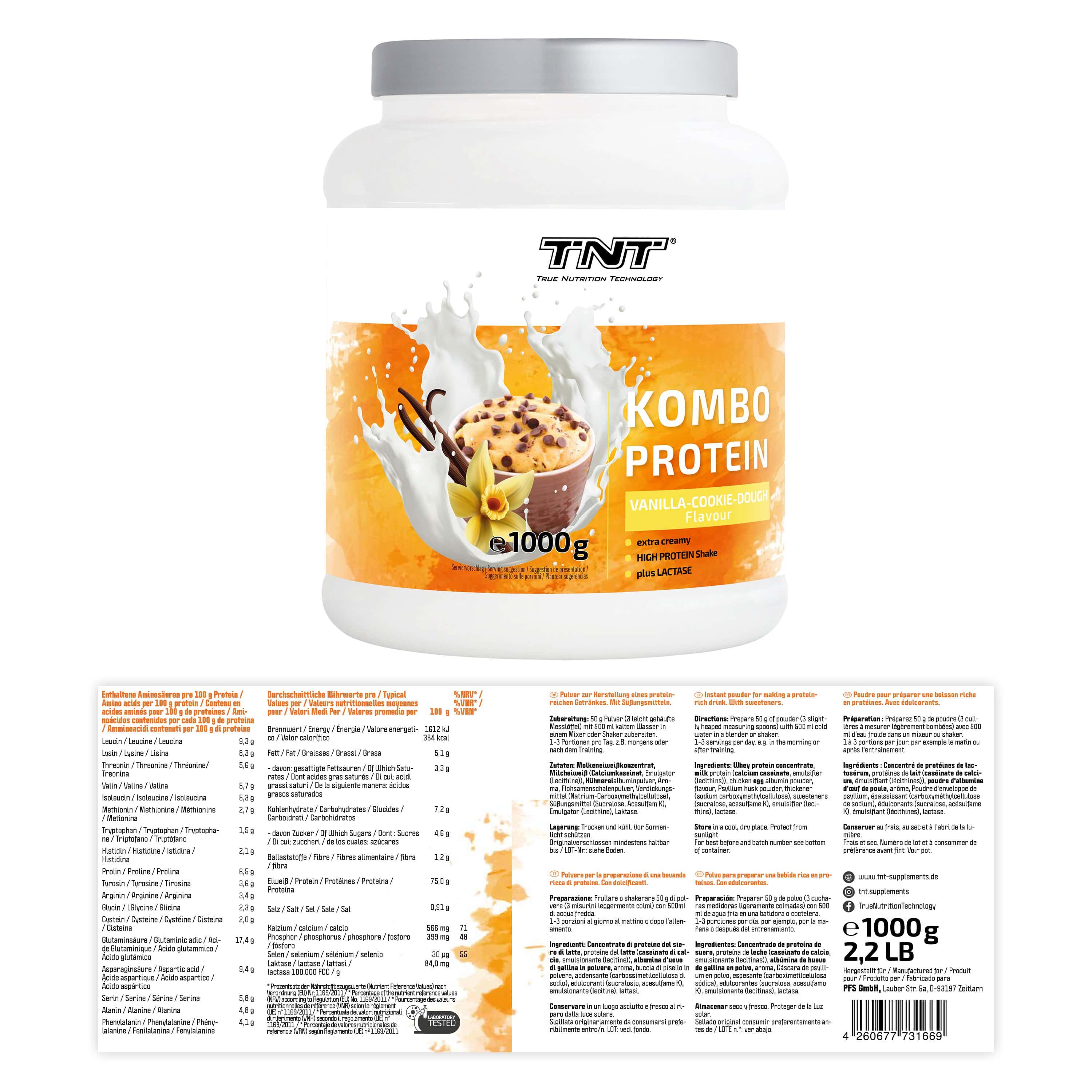 TNT Kombo Protein-Behälter mit Nährwertangaben. Aufdruck: Kombo Protein, 1000g, 2,2 LB. Nährwertangaben auf Etikett.