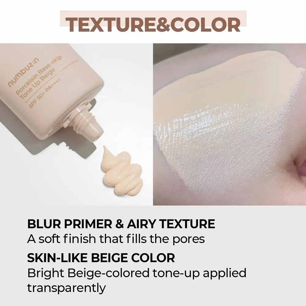 Produkt wird auf die Hand aufgetragen. Aufschrift: NUMBUZIN, Porcelain Base-skip Tone Up Beige, SPF 50+ PA++++. Text: BLUR PRIMER & AIRY TEXTURE.