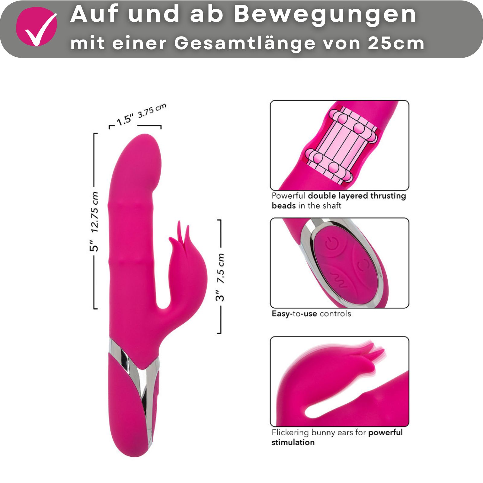 Pinkfarbener Vibrator. Abmessungen: 25cm lang, 1,5cm und 3,75cm breit. Mit Details.