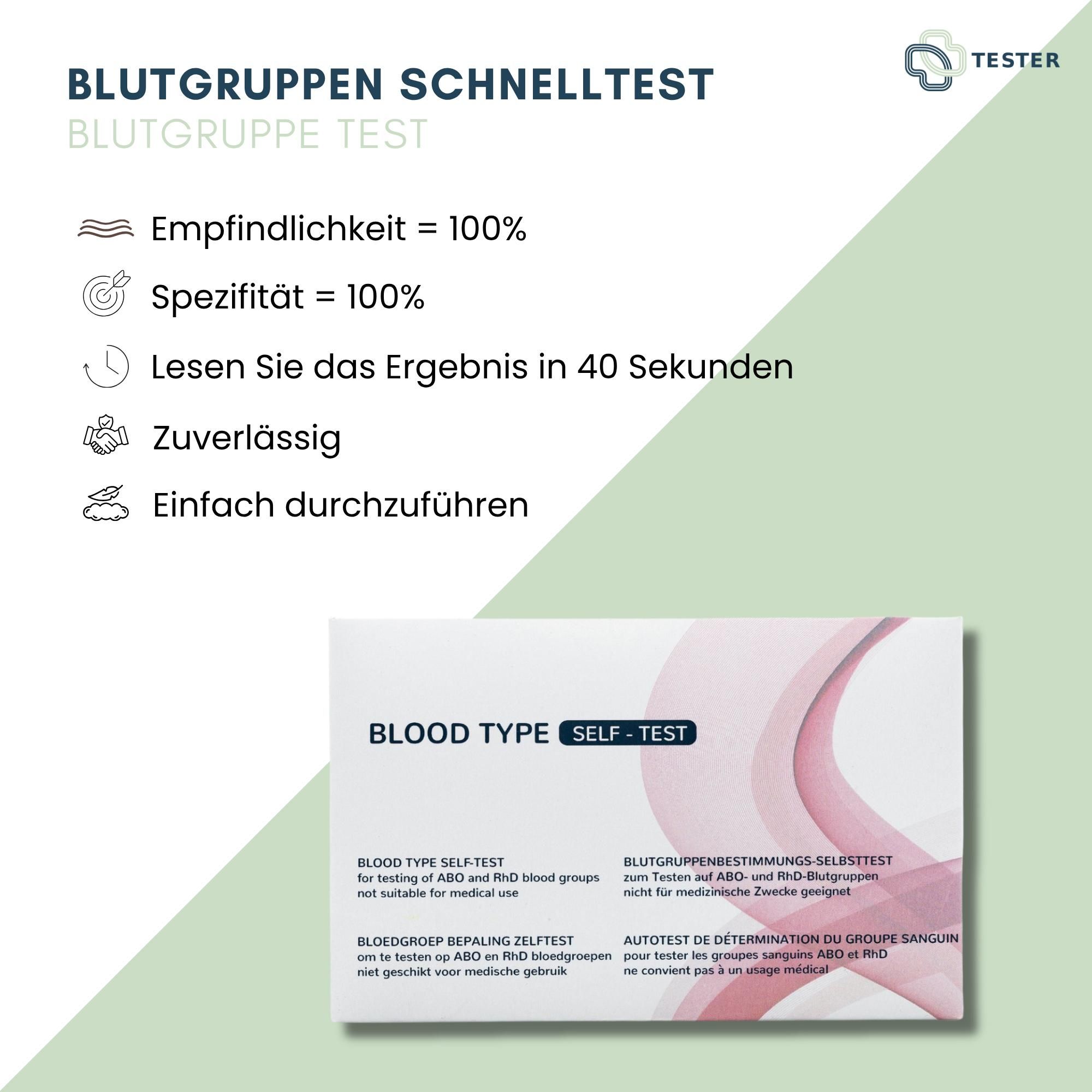 Blutgruppen-Schnelltest-Packung mit Infografik. Text: Empfindlichkeit 100%, Spezifität 100%, Ergebnis in 40 Sekunden.