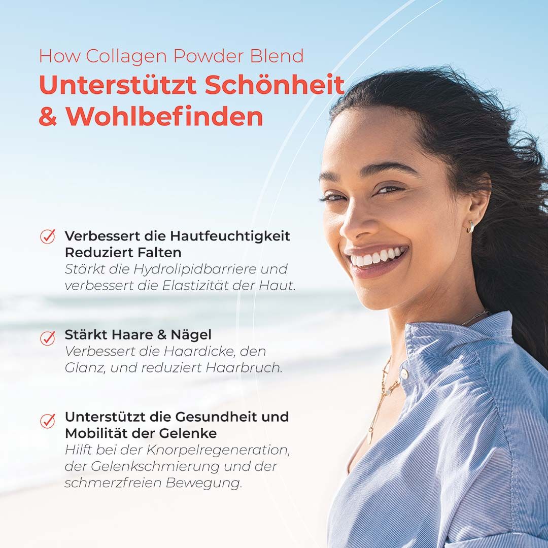 Frau lächelt am Strand, mit Text über Haut, Haare und Gelenke.