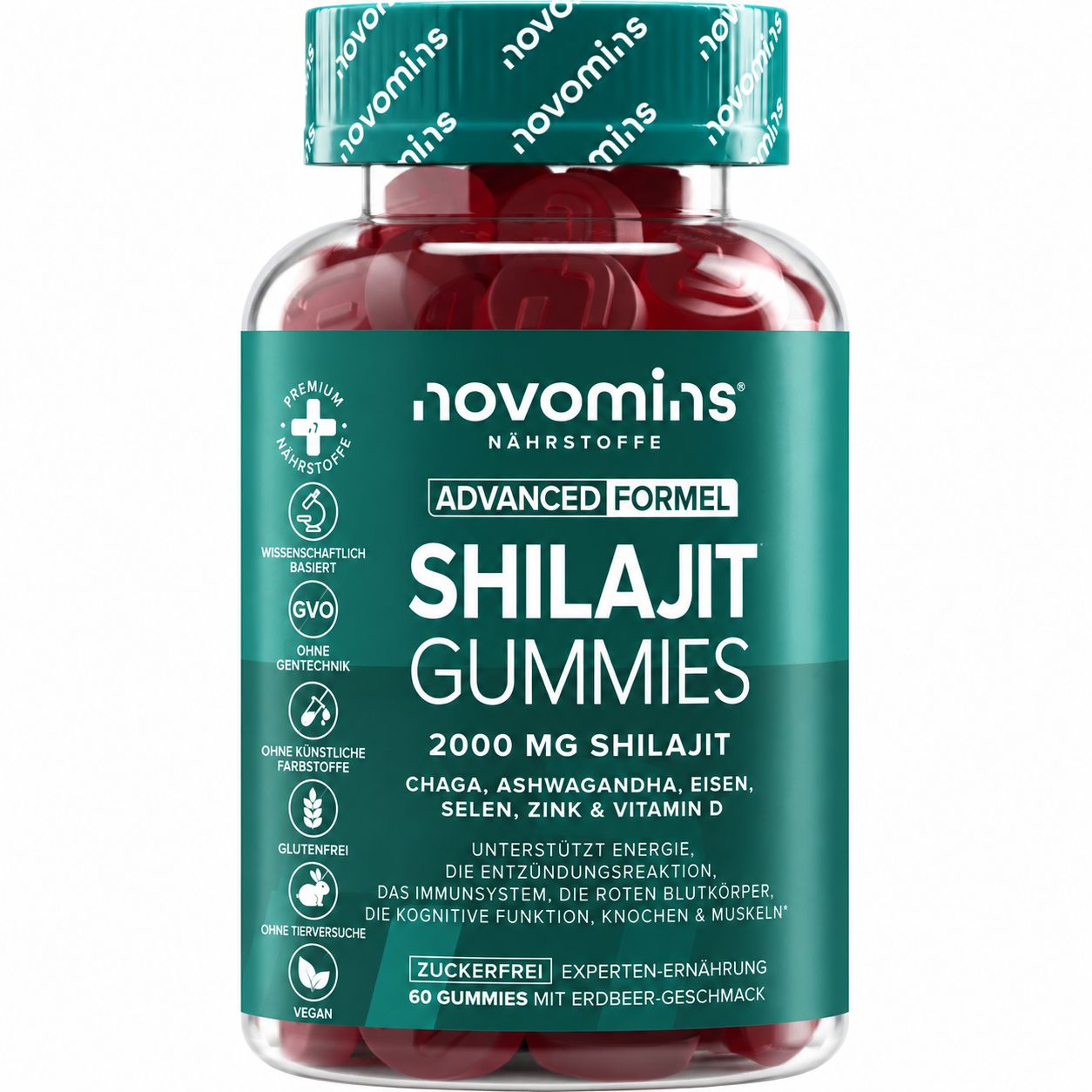 Flasche Novomins Shilajit Gummies, 2000 mg Shilajit, Chaga, Ashwagandha, Eisen, Selen, Zink, Vitamin D.
