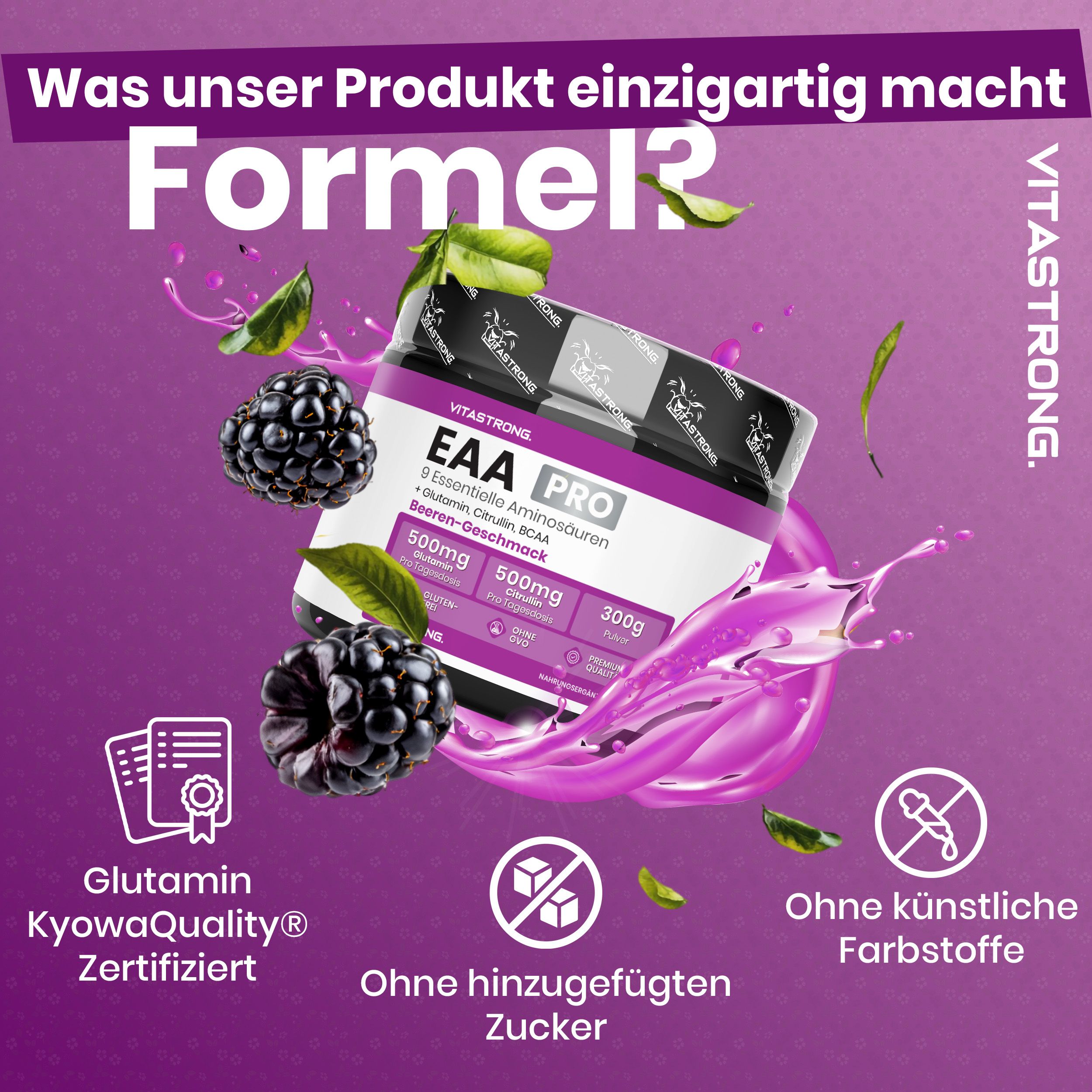 Vitastrong EAA Pro, Dose. 300g Pulver. 9 essentielle Aminosäuren. Beeren-Geschmack. Glutenfrei, ohne GMO. Mit BCAA.