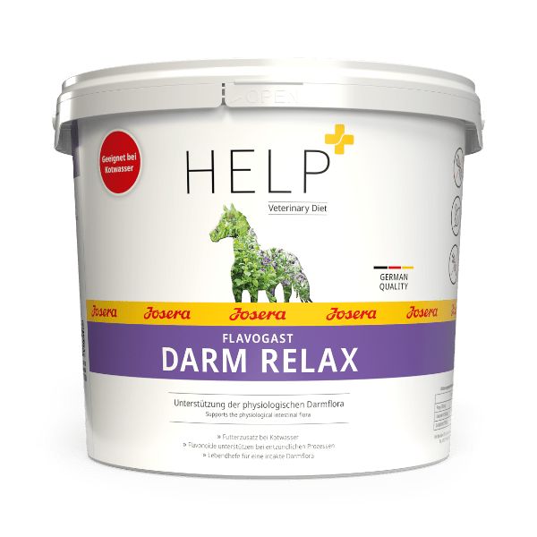 Josera Help FlavoGast Darm Relax Eimer mit detaillierter Produktinformation und Logo.
