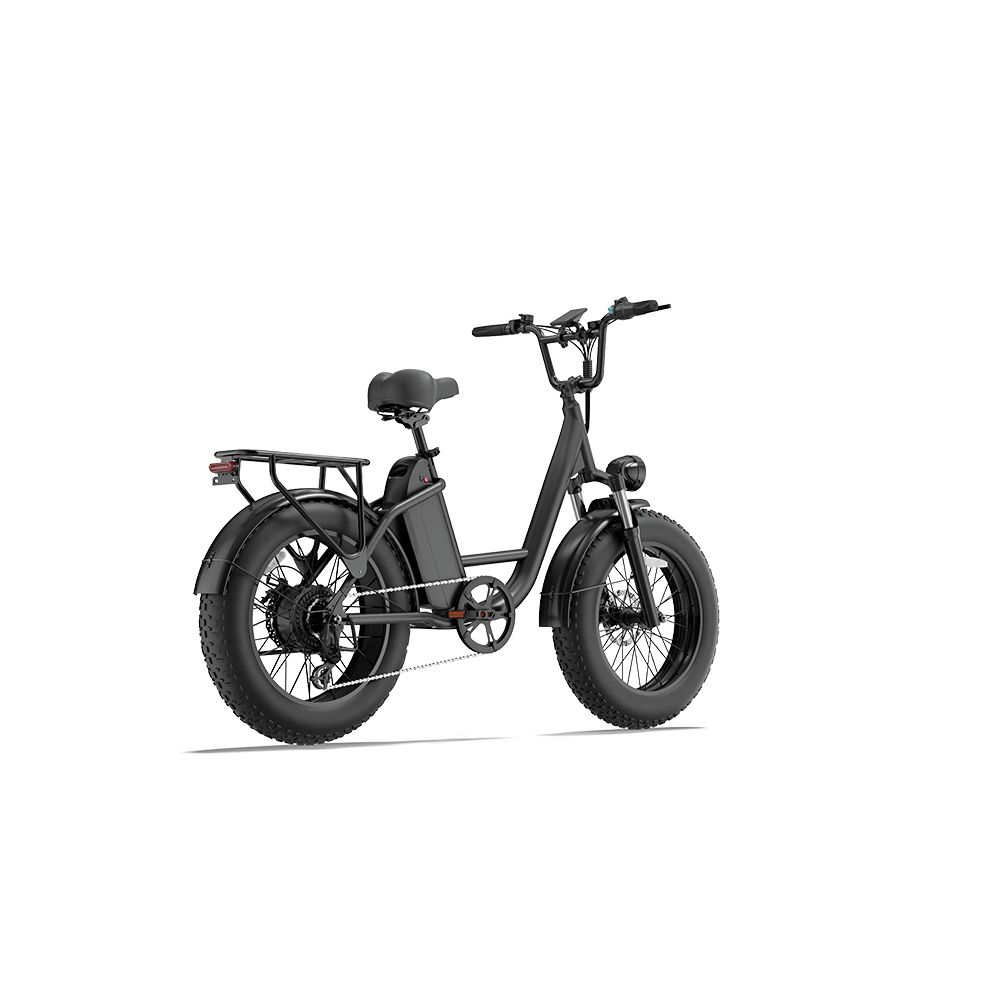 Schwarzes Elektrofahrrad mit breiten Reifen, Gepäckträger und Rücklicht. Seitenansicht, isoliert auf weißem Hintergrund.