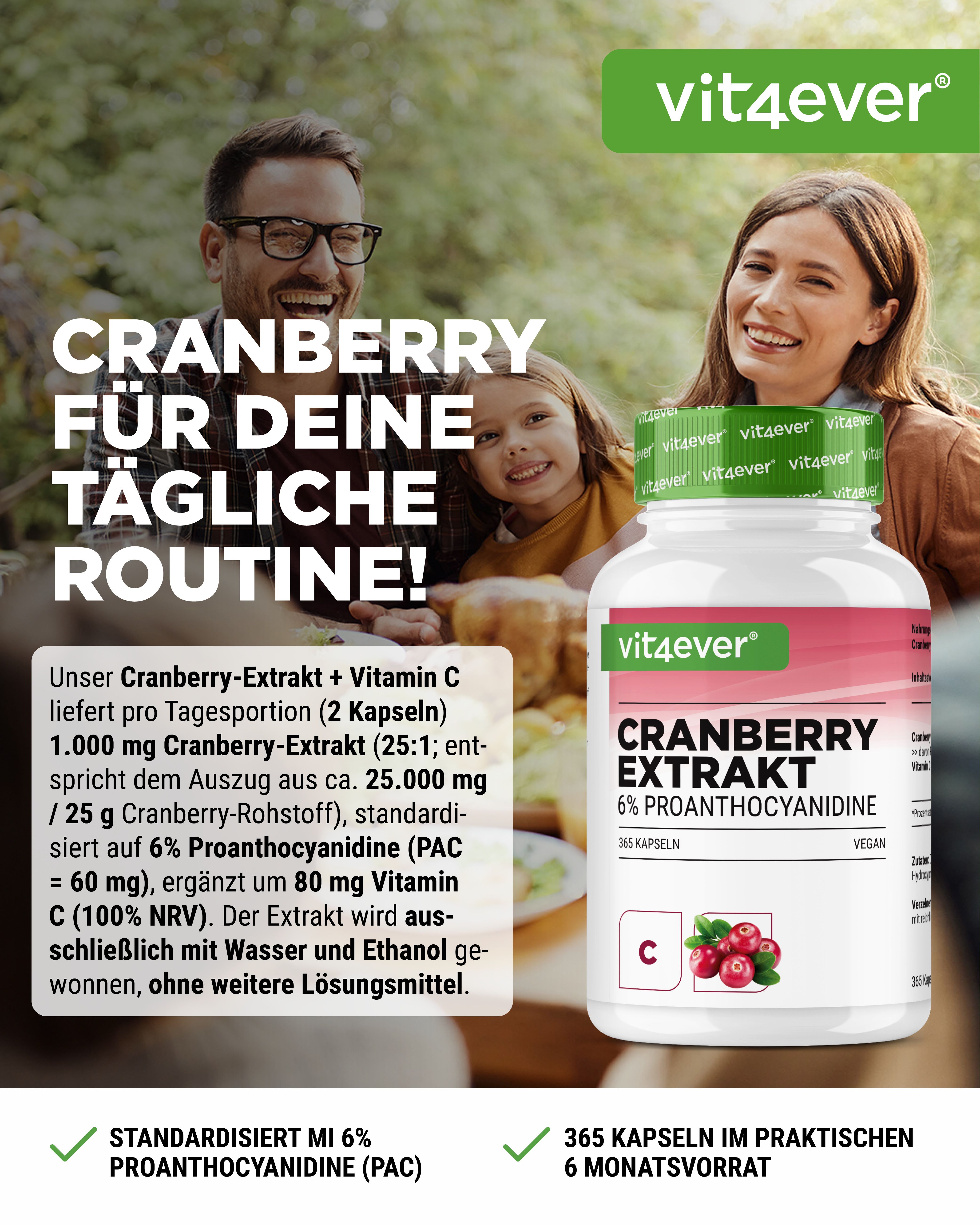 Weißes Pillenbehälter mit roter Aufschrift. Enthält Cranberry-Extrakt und Vitamin C. Aufschrift: Cranberry Extrakt, 365 Kapseln. Vegan.
