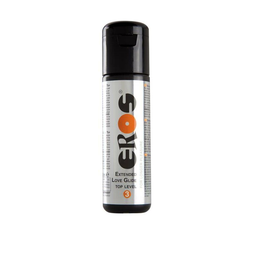 Zylindrische Flasche mit schwarzem Deckel. Aufschrift "EROS" mit orangefarbenem Kreis. Text: "Extended Love Glide Top Level 3".