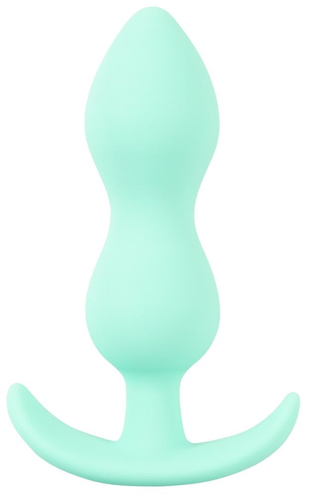 Hellgrüner Analplug mit tropfenförmigem Kopf und gebogener Basis. Material: Silikon. Form: konisch, mit zwei Ausbuchtungen.
