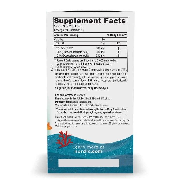 Nordic Naturals Ultimate Omega Junior: Rückseite der Verpackung mit Nährwertangaben und Inhaltsstoffen.