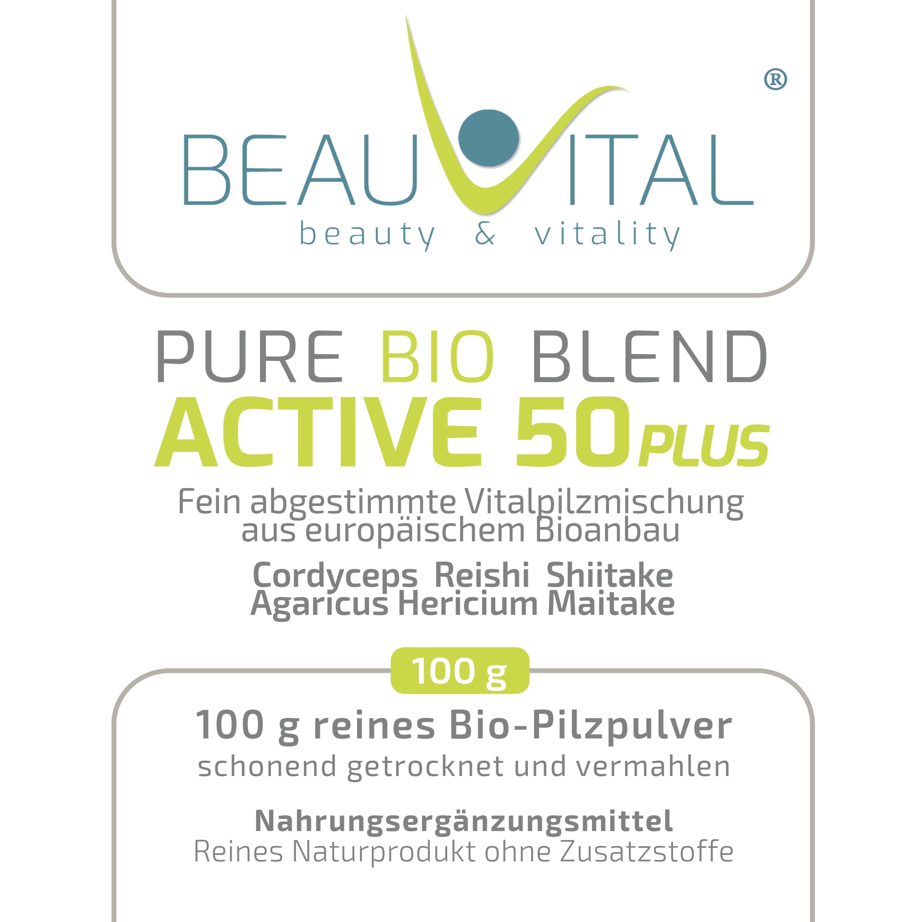 Vorderseite einer BEAUVITAL Dose mit Produktnamen und 100g Angabe, umgeben von Moos.