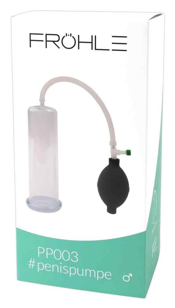 Fröhle PP003 Penispumpe auf Kartonverpackung mit Produktabbildung.