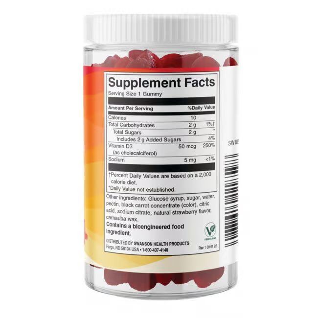 Rückseite der Dose mit Nährwertangaben. Enthält Vitamin D3. Vegan-Siegel. Hersteller: SWANSON HEALTH PRODUCTS.