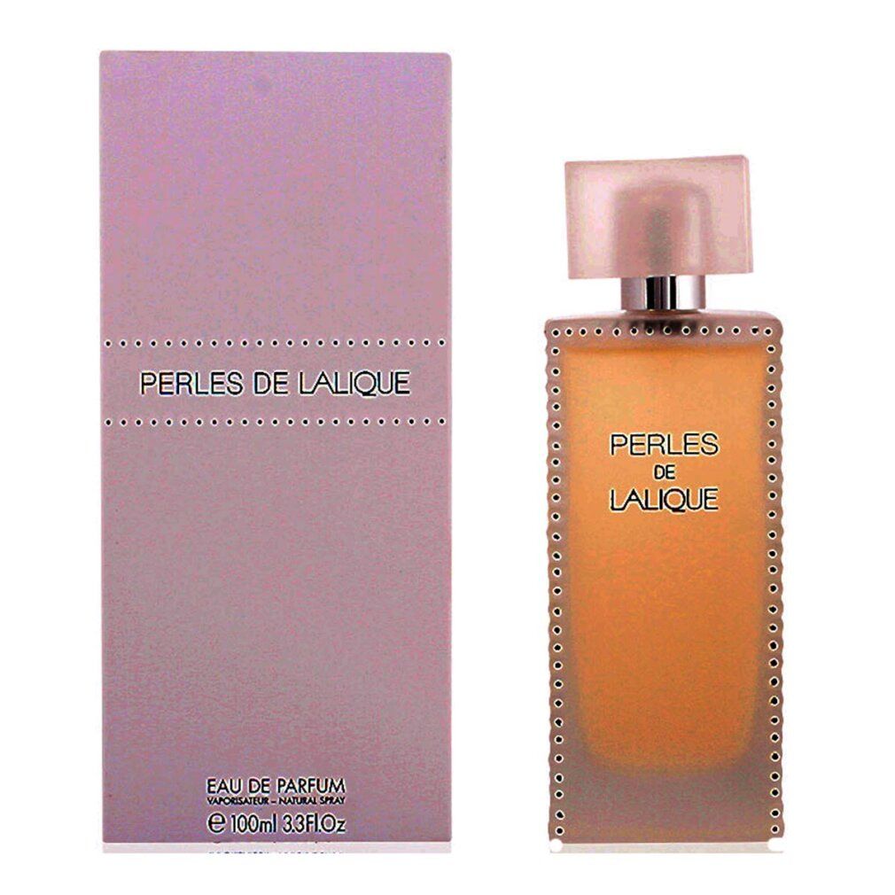Flakon und Verpackung von Perles de Lalique Eau de Parfum Spray. Rechteckiger Flakon mit quadratischem Deckel. Verpackung mit Produktnamen.
