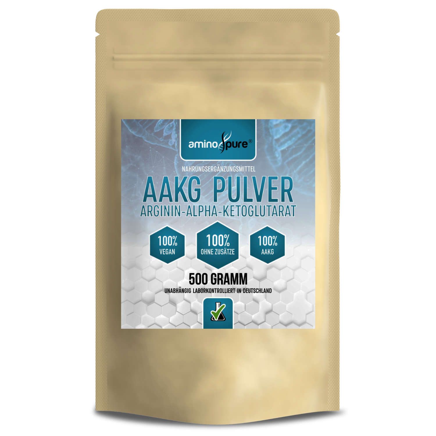 Standbodenbeutel mit AAKG Pulver 500g, vegan, 100% ohne Zusätze, 100% Arginin.