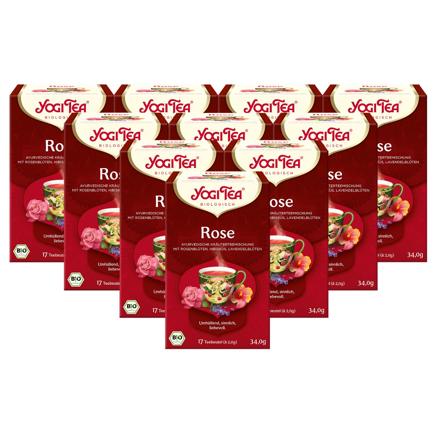 Mehrere Packungen Yogi Tea Rose Bio Kräutertee. Rote Verpackung mit Produktnamen und floraler Illustration. Bio-Siegel.