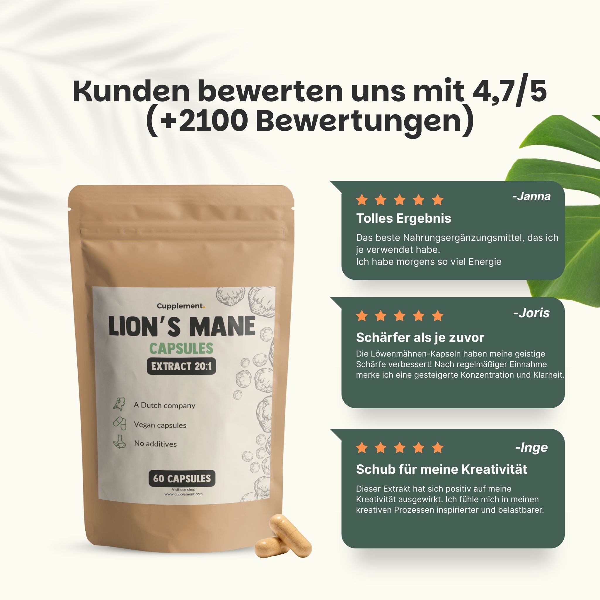 Kapsel mit Inhalt. Text: Löwenmähnen-Extrakt. 100% natürlich. Vegane Kapsel. Extrakt.
