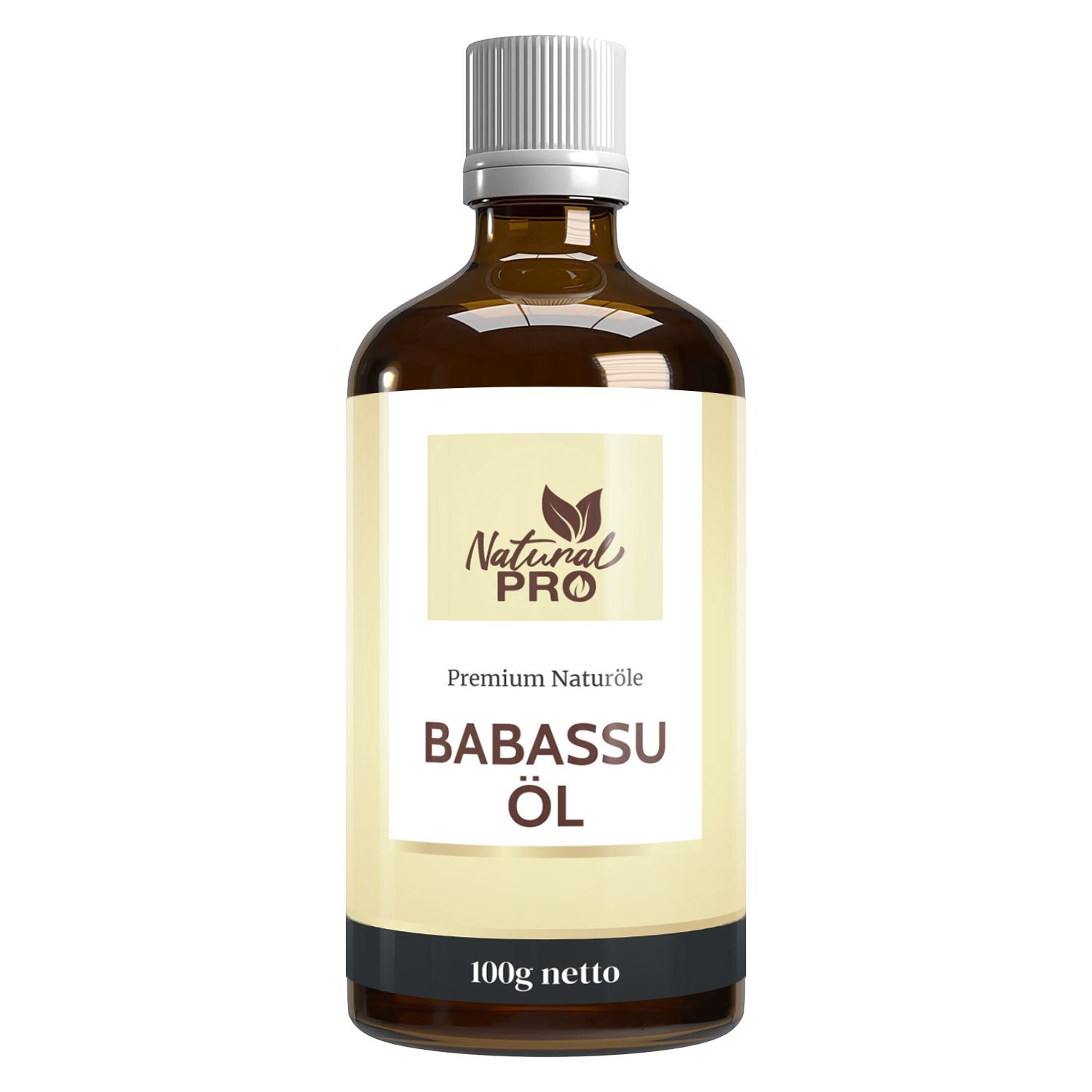 Braune Glasflasche mit weißem Deckel und Etikett. Aufschrift: Babassu Öl. Logo Natural Pro. 100g netto.