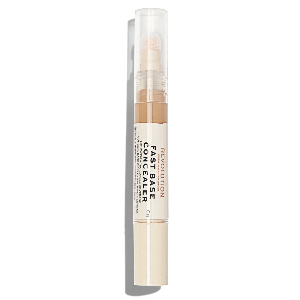 Makeup Revolution Fast Base Concealer. Beige Tube mit Applikator und Deckel. Text: Fast Base Concealer.