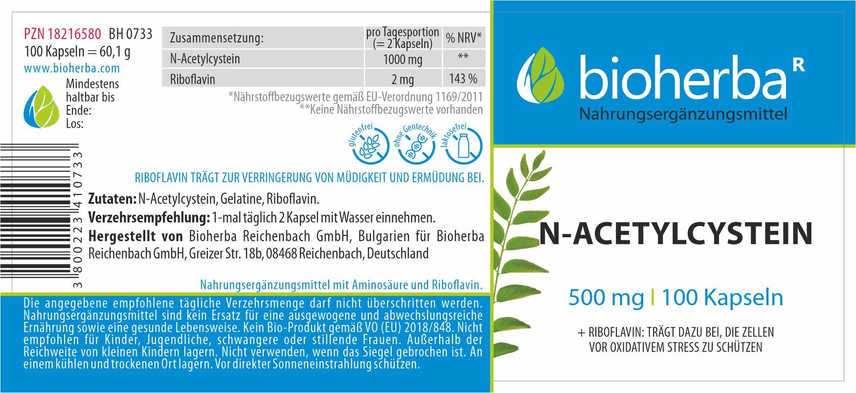 Etikett mit Produktinformationen. Enthält N-Acetylcystein und Riboflavin. Marke: Bioherba. 100 Kapseln.