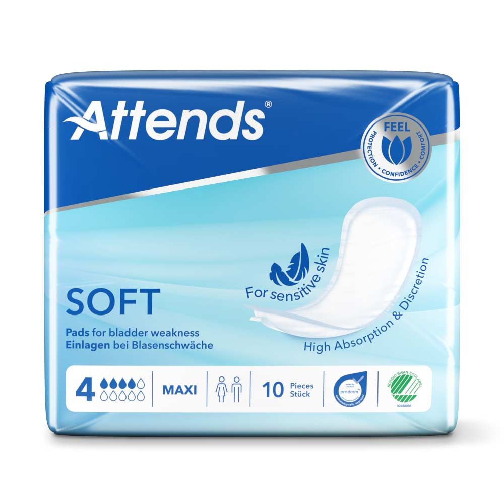 Attends Soft 4 Maxi. Packung mit 10 Einlagen. Blaue Verpackung mit Produktbezeichnung und Logo. Für Blasenschwäche.