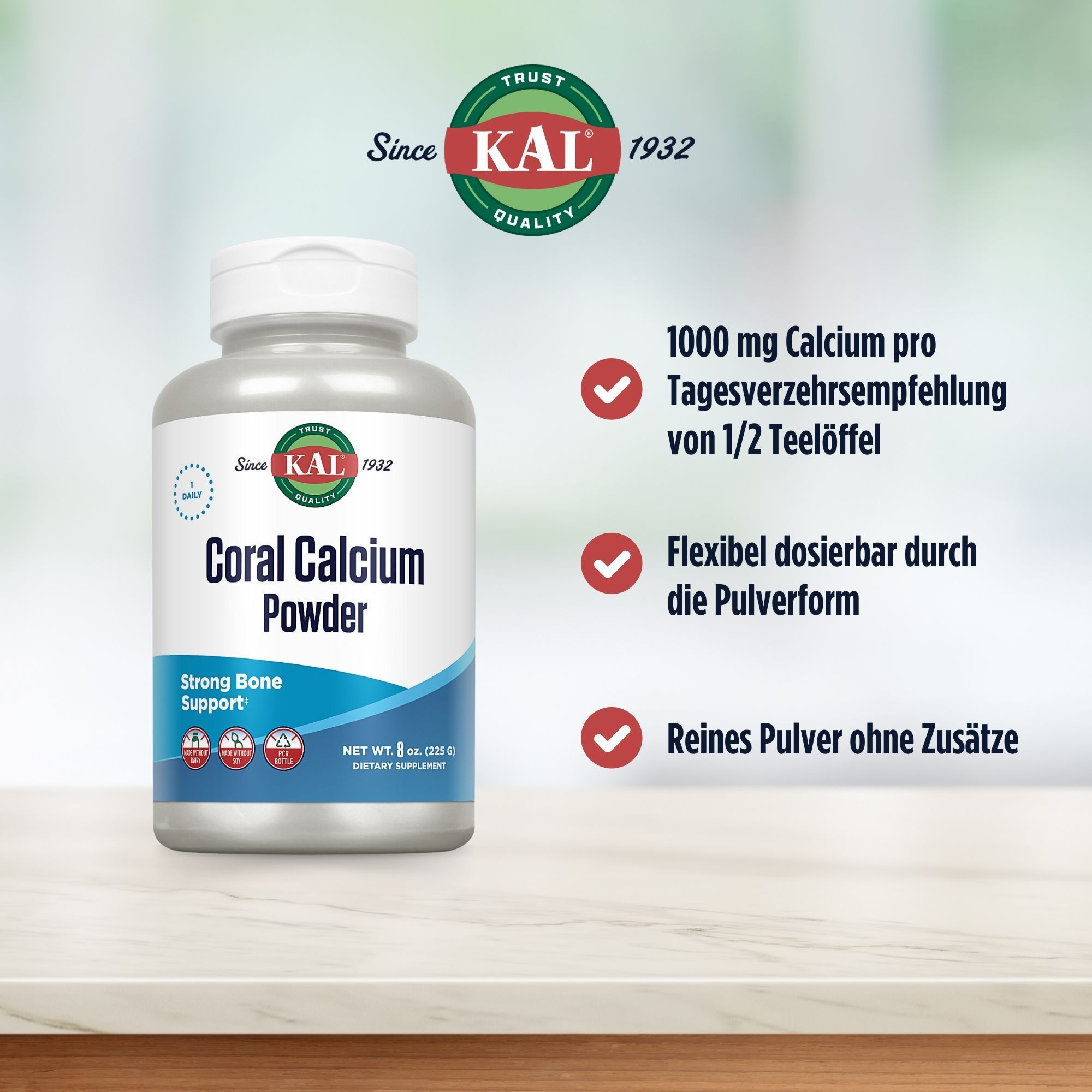 Weiße Flasche KAL Coral Calcium Powder. Text: 1000 mg Calcium pro Tagesverzehrsempfehlung, flexibel dosierbar, reines Pulver.