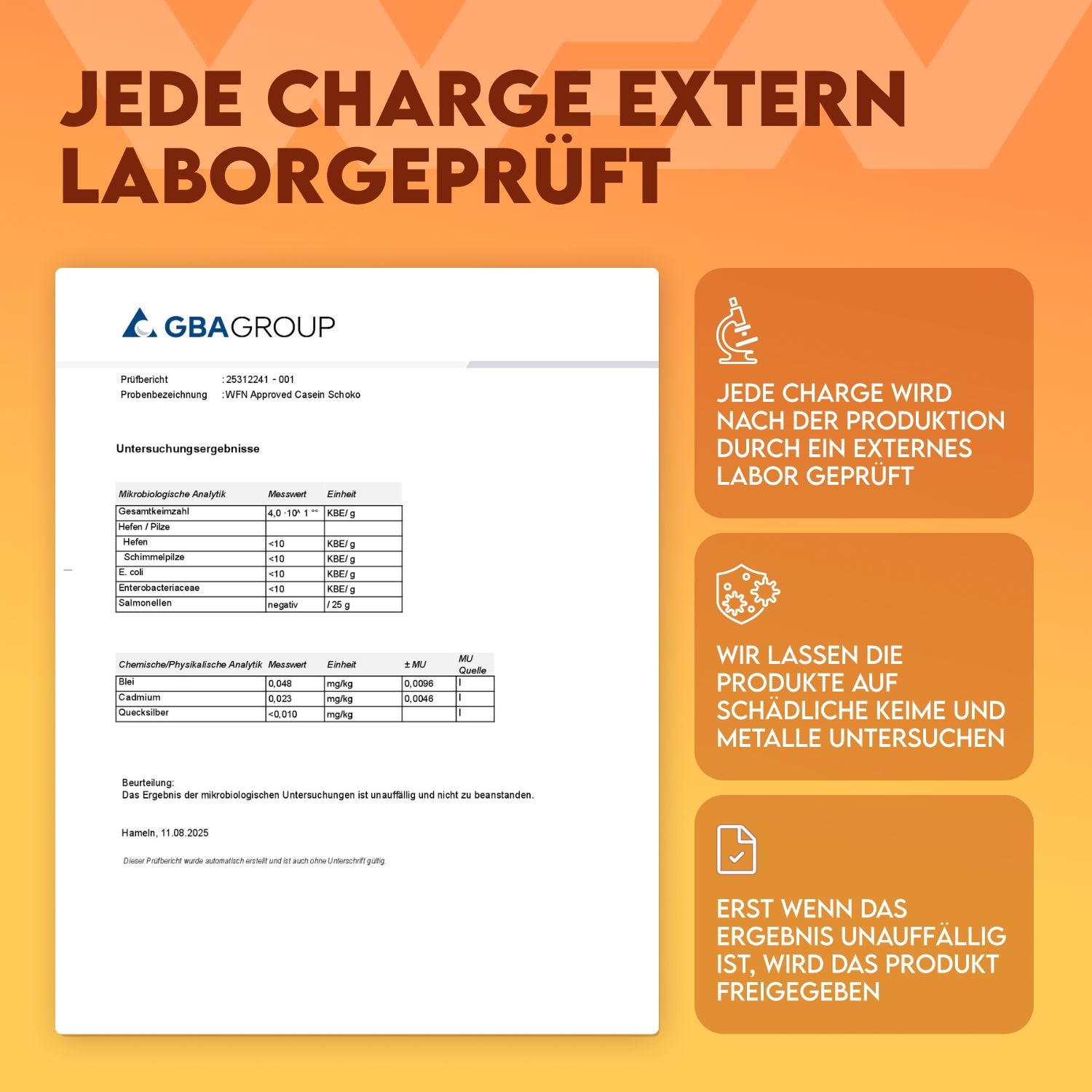 Laborbericht. Text: Jede Charge extern laborgeprüft. Untersucht auf Schadkeime und Metalle. Ergebnis: unauffällig.