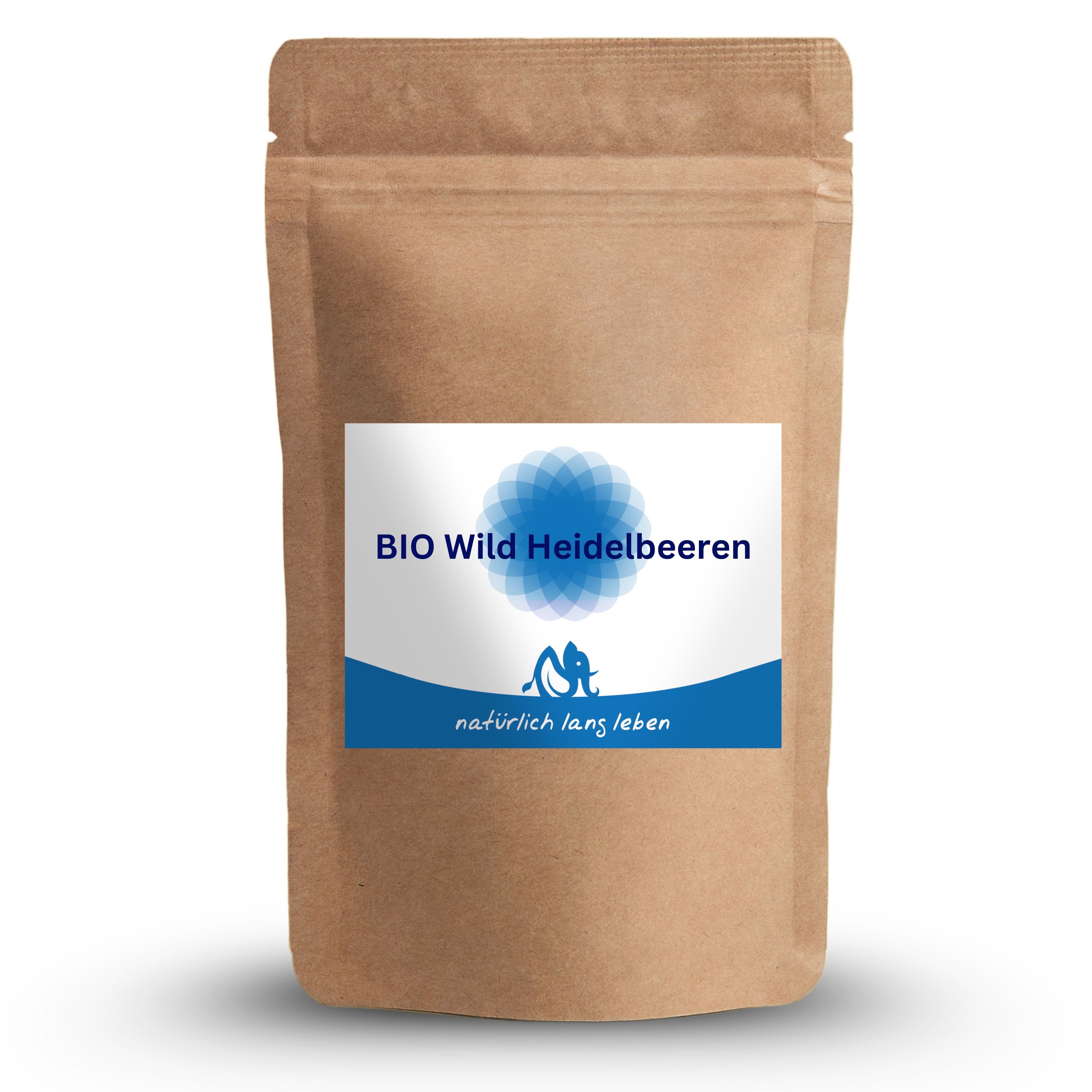Braune Tüte mit blau-weißem Etikett. Aufschrift: BIO Wild Heidelbeeren. Logo: natürlich lang leben.