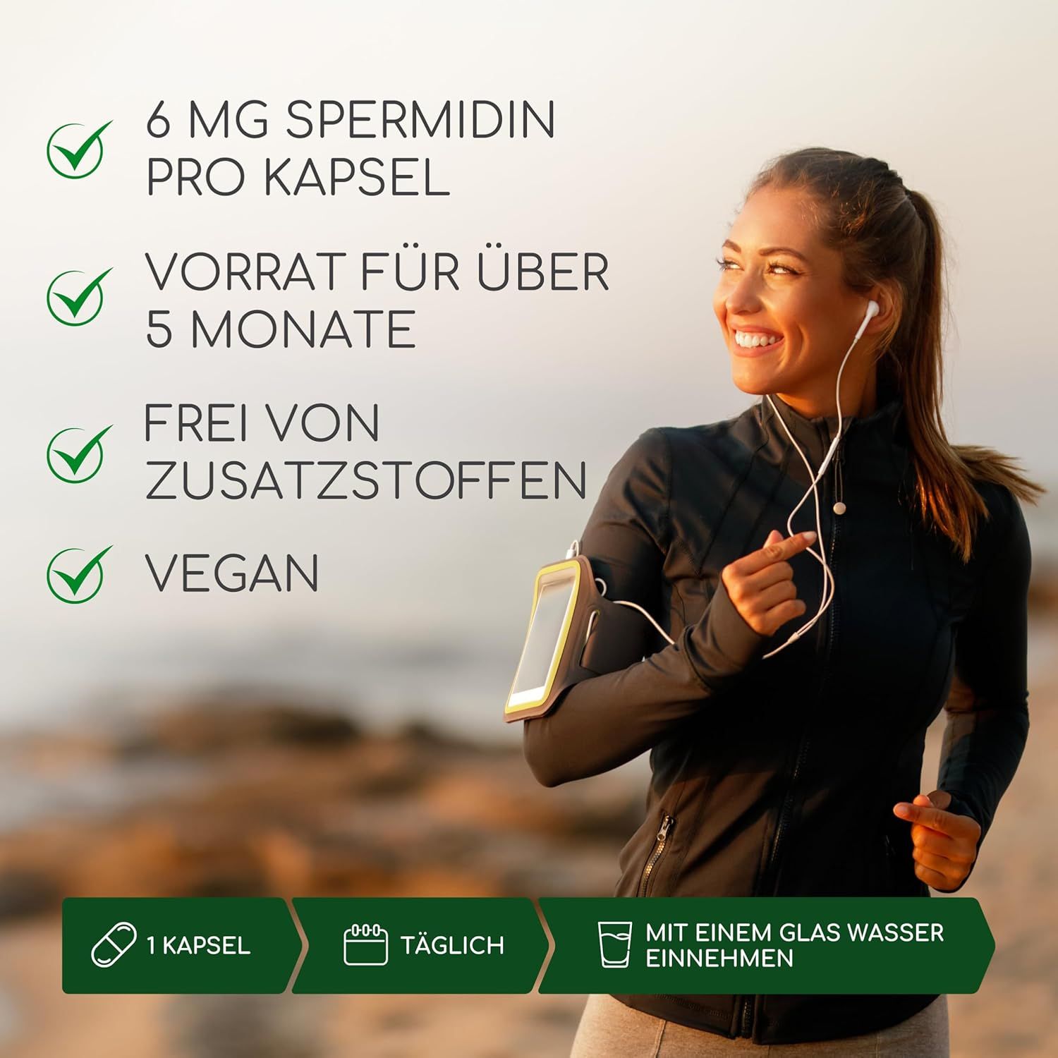 Junge Frau beim Joggen. Text: 6 mg Spermidin pro Kapsel, Vorrat für über 5 Monate, Vegan. Einnahme mit Wasser.