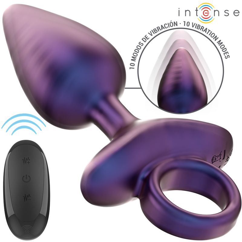 Lila Analstecker mit weißem Griff und Ring. Fernbedienung. 10 Vibrationsmodi. Marke: Intense.