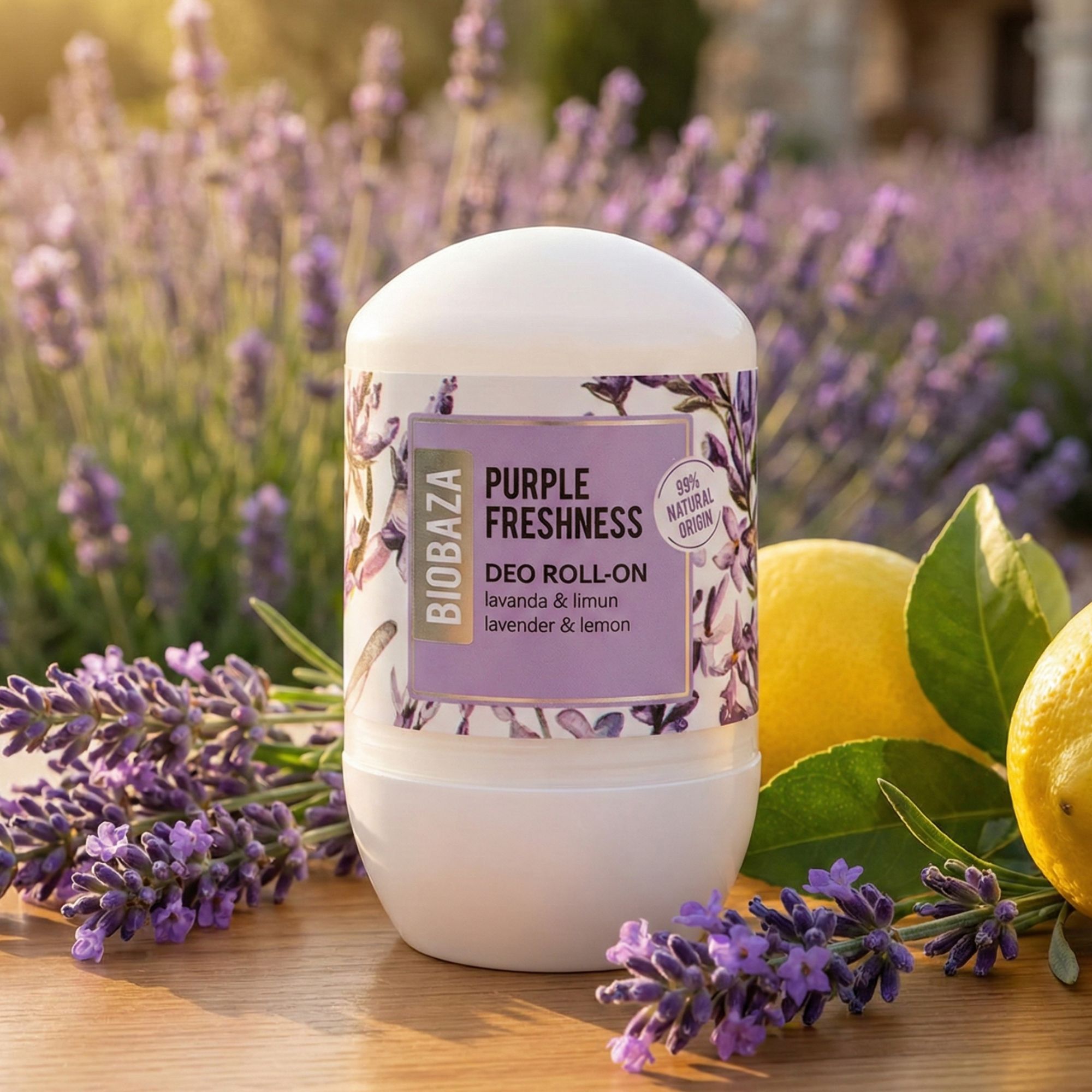 Weißer Roll-on-Deo mit lila Etikett. Aufschrift: Purple Freshness, lavanda & limun, lavender & lemon. Umgeben von Lavendel und Zitronen.