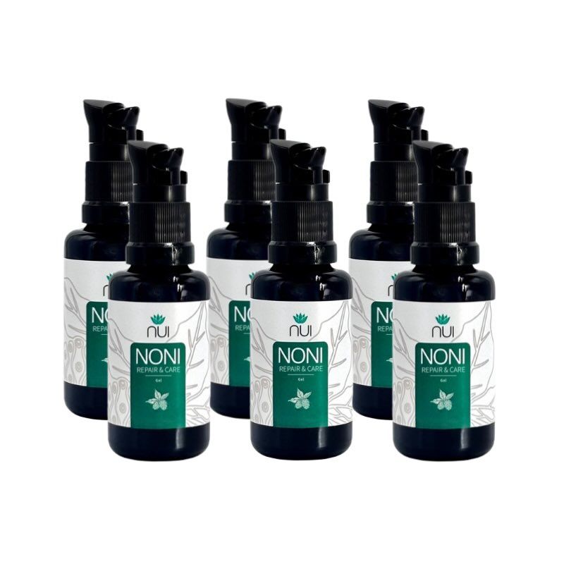 Mehrere Flaschen NUI NONI Repair & Care Gel. Schwarze Flaschen mit Pumpverschluss und Etikett.