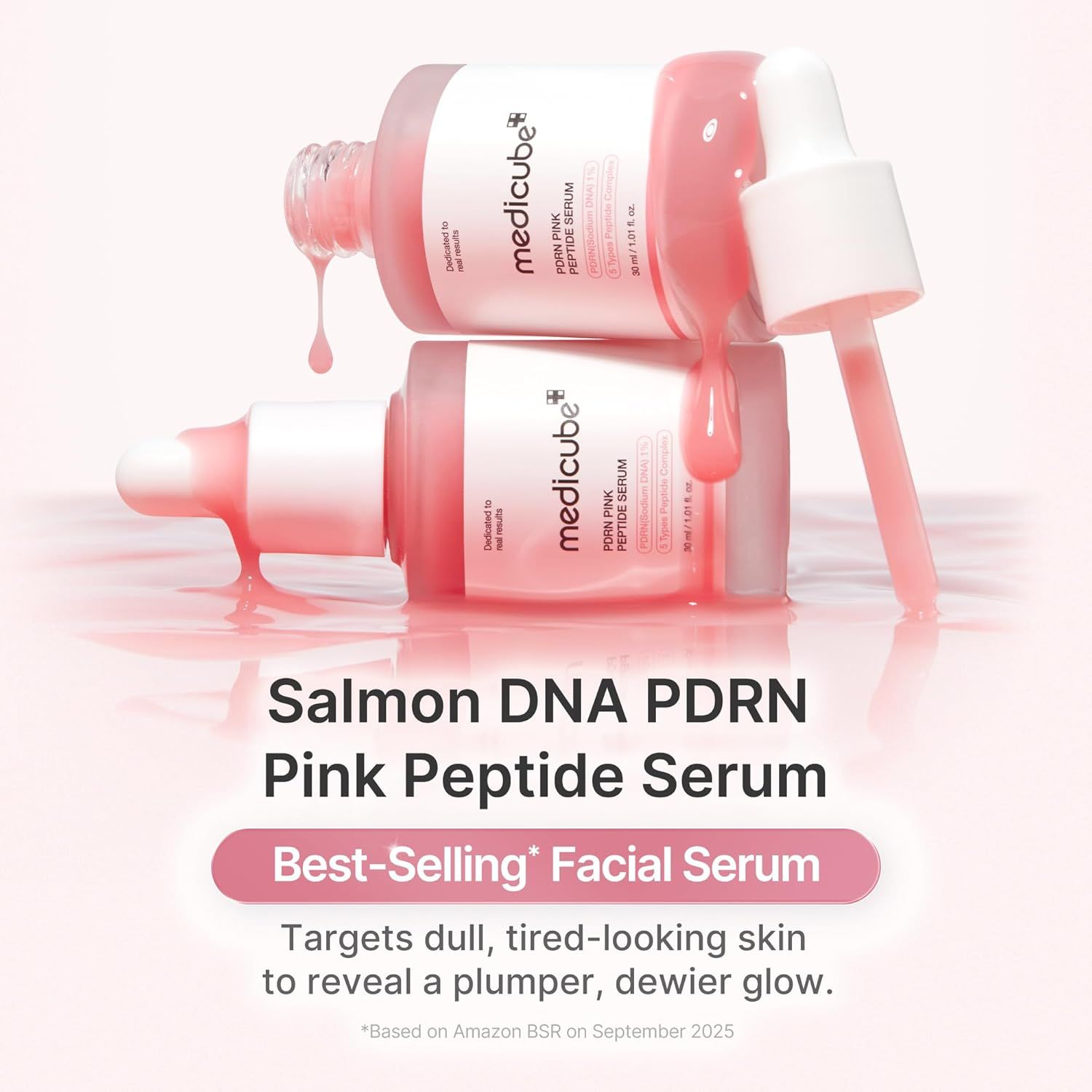 Zwei rosa Serumflaschen mit Pipetten. Text: Salmon DNA PDRN Pink Peptide Serum. Best-Selling Facial Serum.
