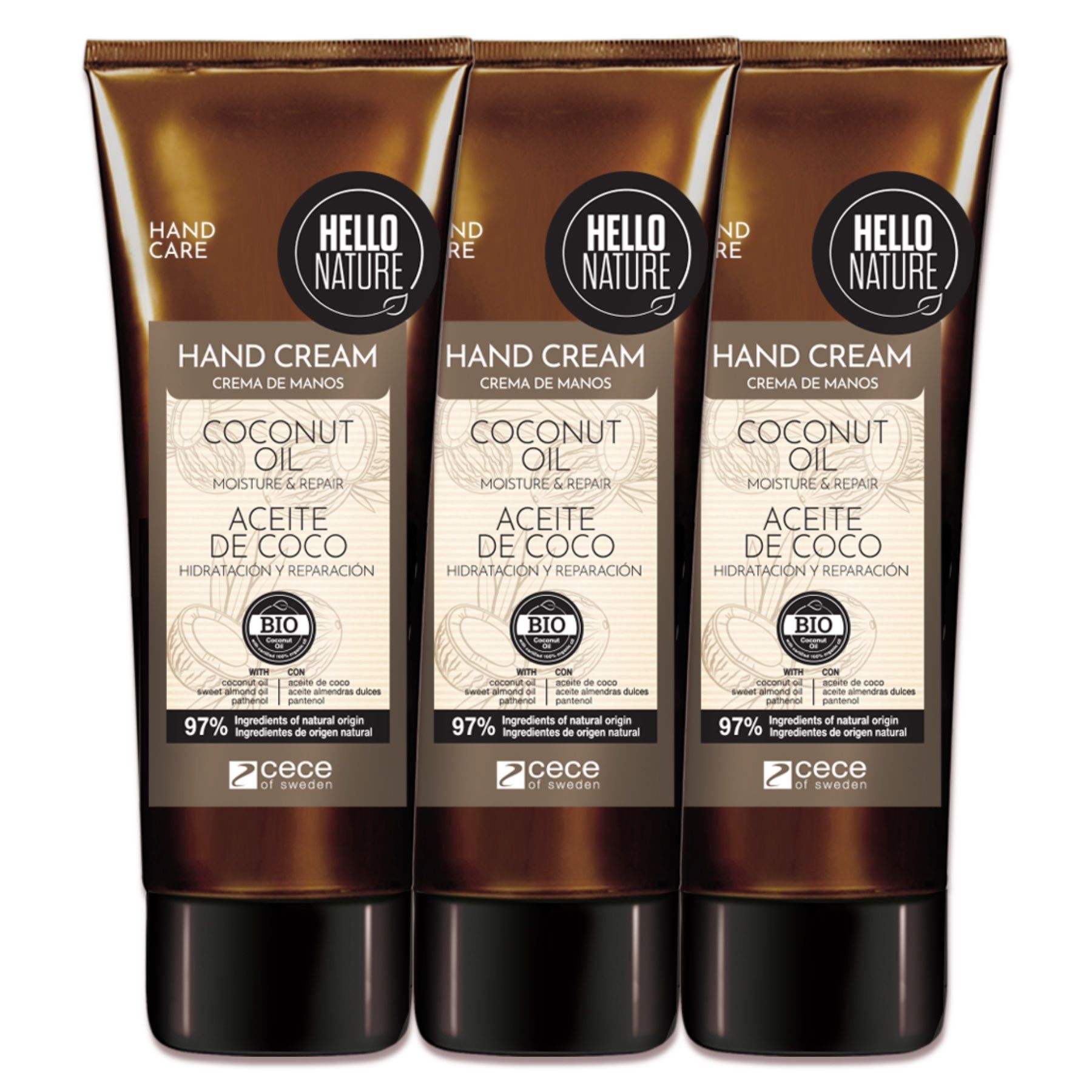 Drei Handcreme-Tuben. Text: Hand Cream, Coconut Oil, Moisture & Repair, Aceite de Coco.