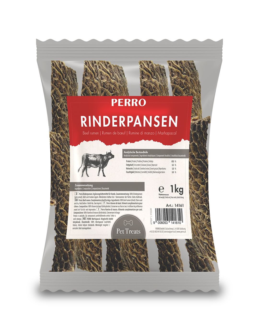 Verpackung mit Kauartikeln. Aufschrift PERRO Rinderpansen. 1 kg. Sichtbar sind getrocknete Pansenstücke. Aufdruck mit Nährwertangaben.