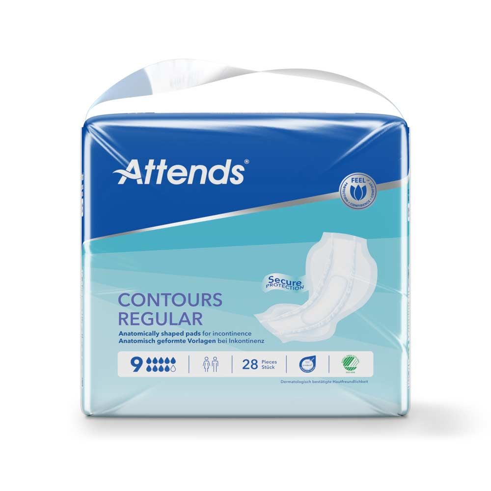 Attends Contours Regular 9. Anatomisch geformte Vorlagen für Inkontinenz. Verpackung mit 28 Stück. Sichtbar: Logo, Produktname, und Zertifizierungen.