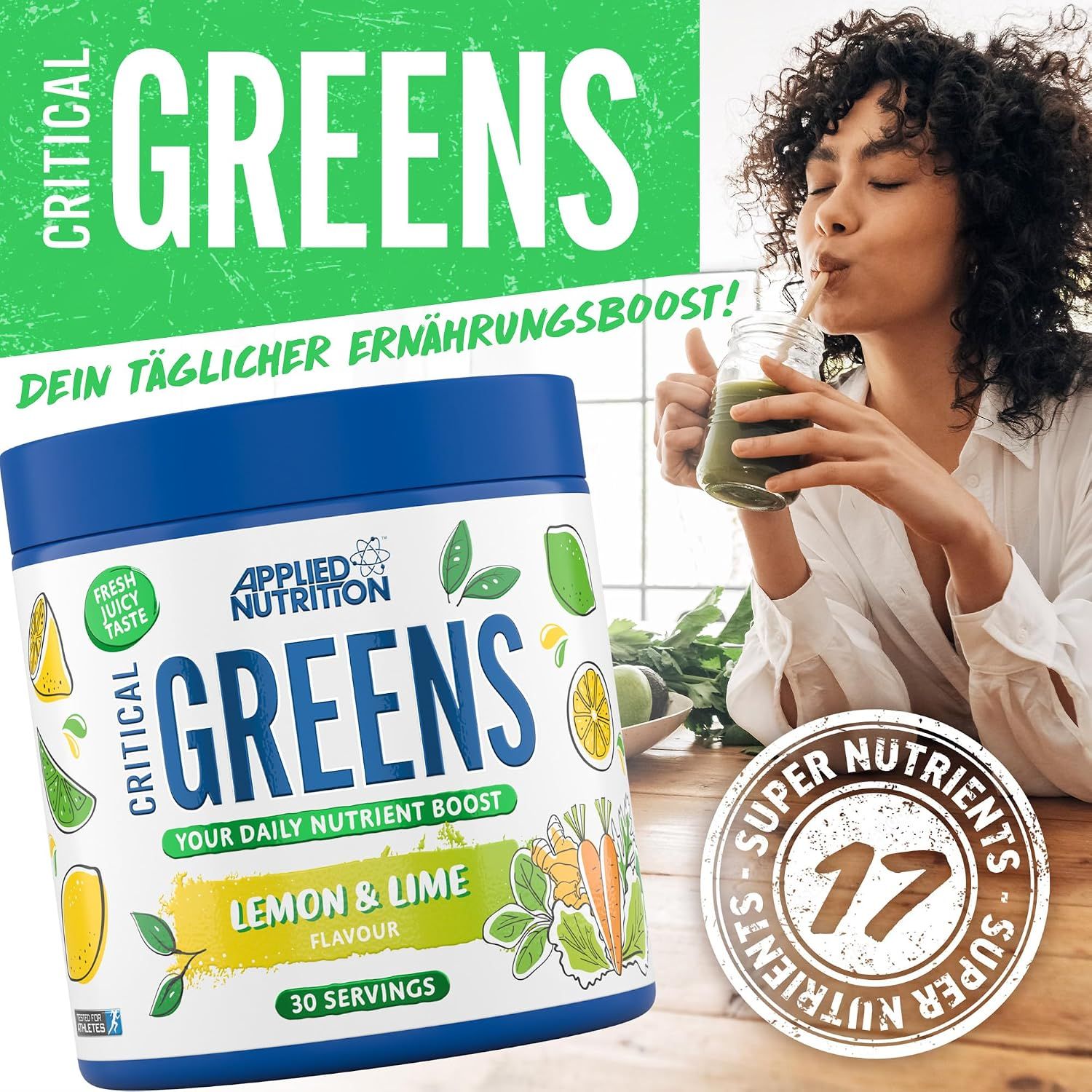 Flasche mit Applied Nutrition Critical Greens Pulver, Apfelgeschmack, 30 Portionen.