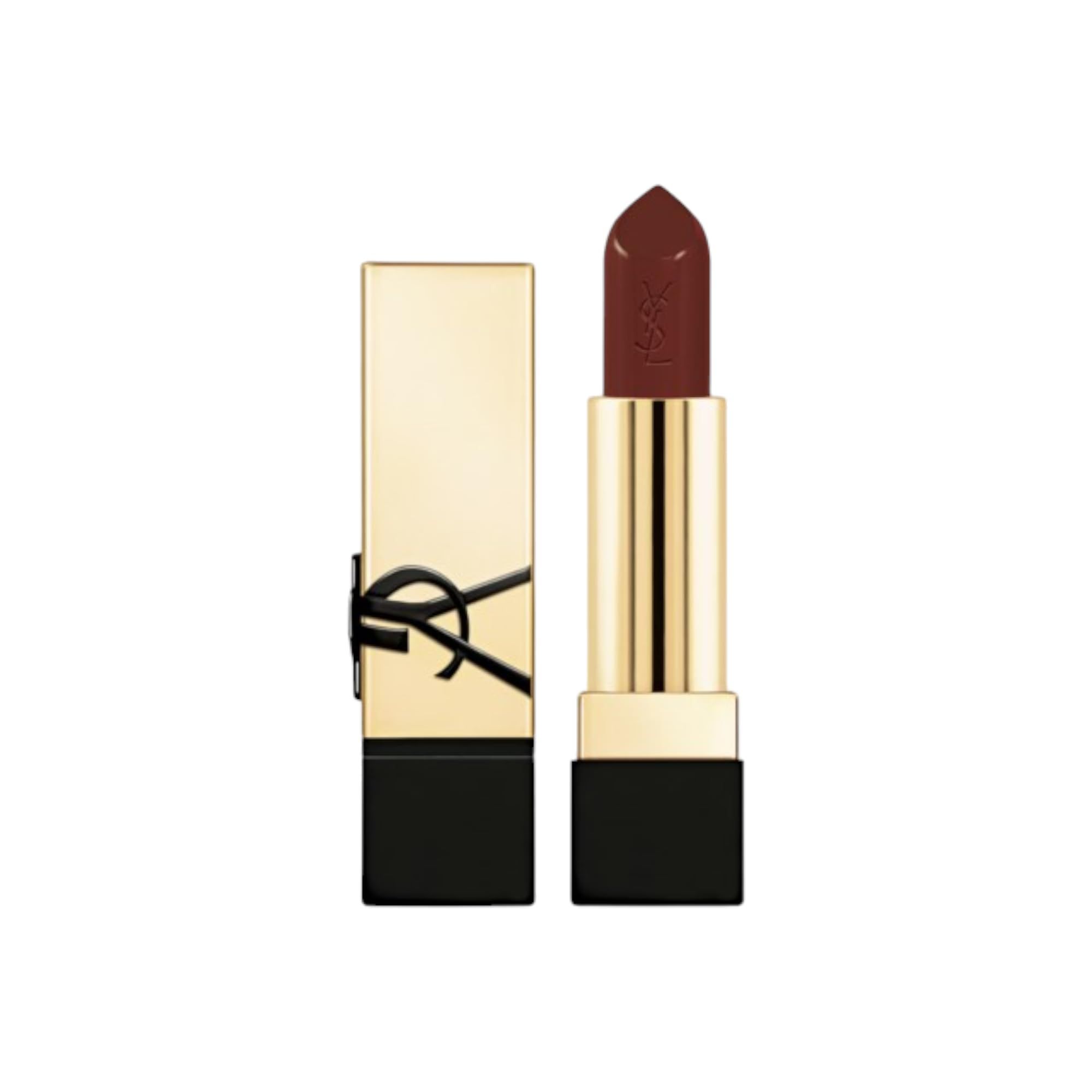 Lippenstift in Goldhülse, geöffnet. Dunkelbraune Lippenstiftspitze. Schwarzes Logo auf der Hülse.